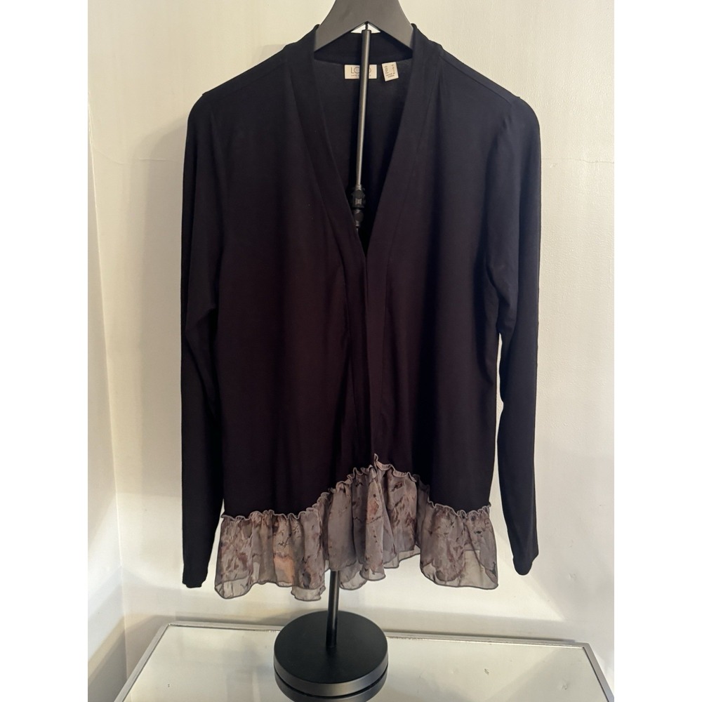 LOGO‎ by Lori Goldstein Black Cardigan Lace Hem Ruffle Trim Boho Sz M Romantic